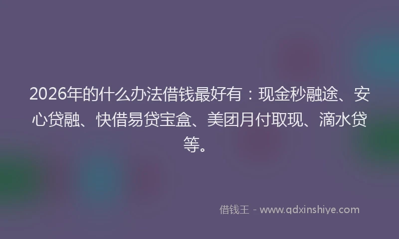 2026年的什么办法借钱最好有：现金秒融途、安心贷融、快借易贷宝盒、美团月付取现、滴水贷等。