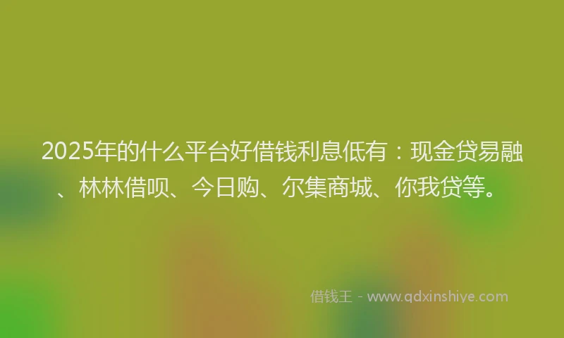 2025年的什么平台好借钱利息低有：现金贷易融、林林借呗、今日购、尔集商城、你我贷等。