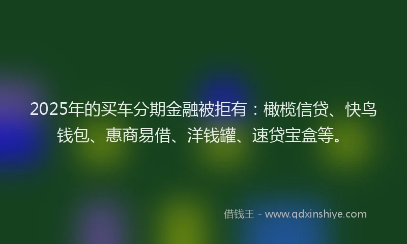 2025年的买车分期金融被拒有：橄榄信贷、快鸟钱包、惠商易借、洋钱罐、速贷宝盒等。