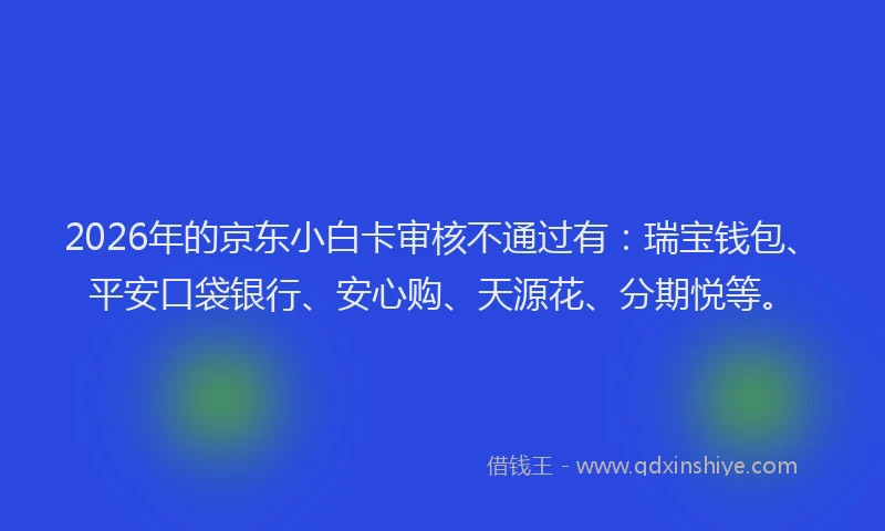 2026年的京东小白卡审核不通过有:瑞宝钱包、平安口袋银行、安心购、天源花、分期悦等。