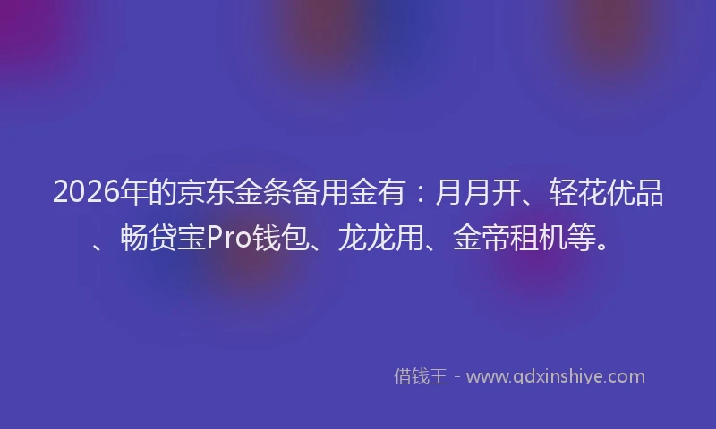 2026年的京东金条备用金有:月月开、轻花优品、畅贷宝Pro钱包、龙龙用、金帝租机等。