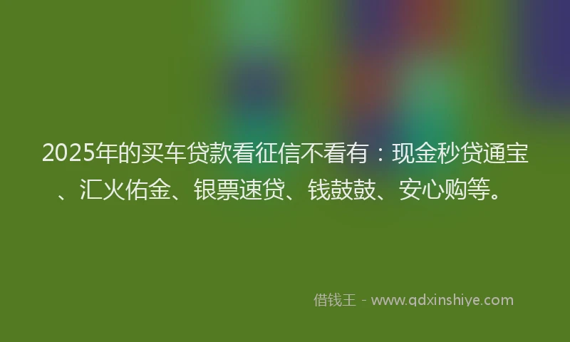 2025年的买车贷款看征信不看有：现金秒贷通宝、汇火佑金、银票速贷、钱鼓鼓、安心购等。