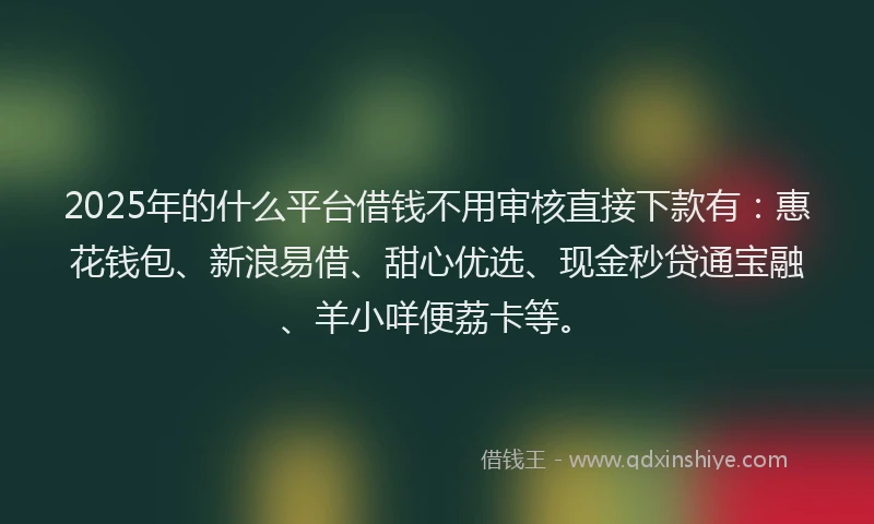 2025年的什么平台借钱不用审核直接下款有:惠花钱包、新浪易借、甜心优选、现金秒贷通宝融、羊小咩便荔卡等。