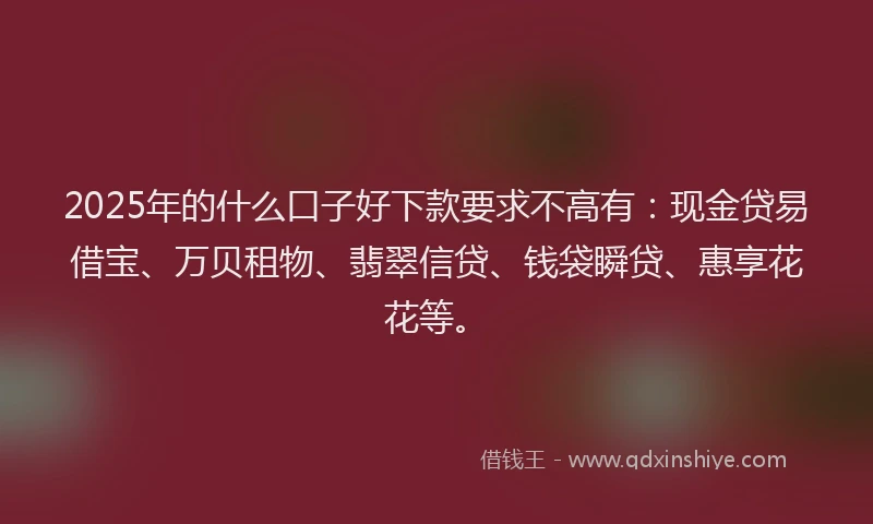 2025年的什么口子好下款要求不高有：现金贷易借宝、万贝租物、翡翠信贷、钱袋瞬贷、惠享花花等。