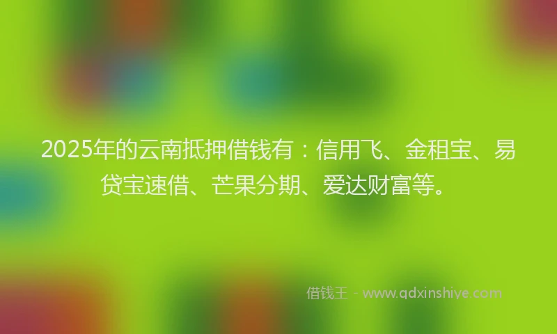 2025年的云南抵押借钱有：信用飞、金租宝、易贷宝速借、芒果分期、爱达财富等。