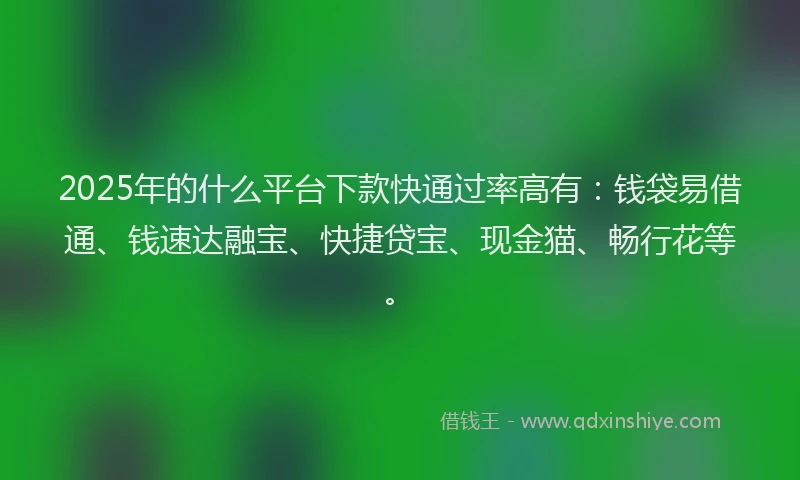 2025年的什么平台下款快通过率高有：钱袋易借通、钱速达融宝、快捷贷宝、现金猫、畅行花等。
