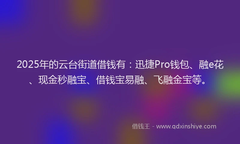 2025年的云台街道借钱有：迅捷Pro钱包、融e花、现金秒融宝、借钱宝易融、飞融金宝等。