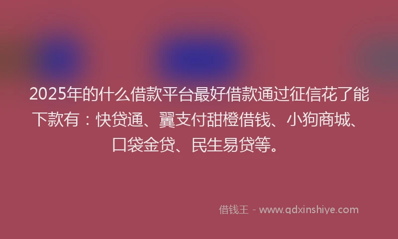 2025年的什么借款平台最好借款通过征信花了能下款有：快贷通、翼支付甜橙借钱、小狗商城、口袋金贷、民生易贷等。