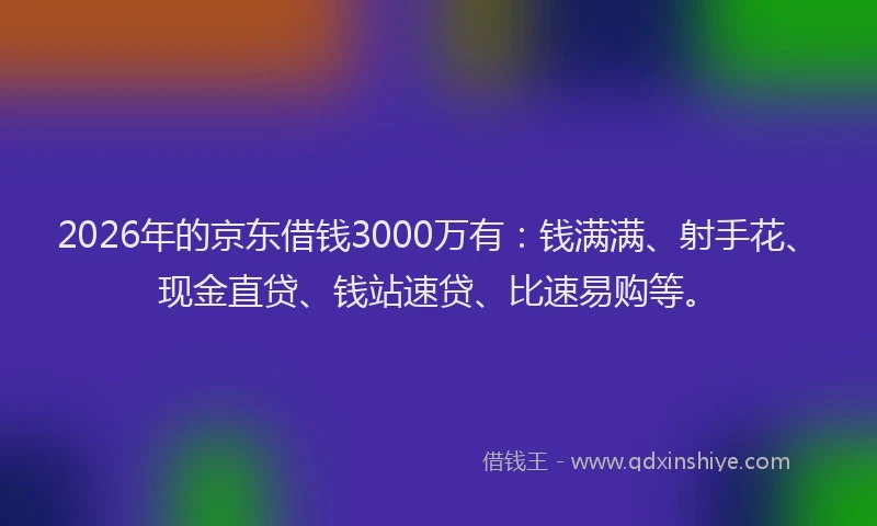 2026年的京东借钱3000万有:钱满满、射手花、现金直贷、钱站速贷、比速易购等。