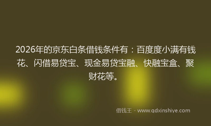 2026年的京东白条借钱条件有：百度度小满有钱花、闪借易贷宝、现金易贷宝融、快融宝盒、聚财花等。