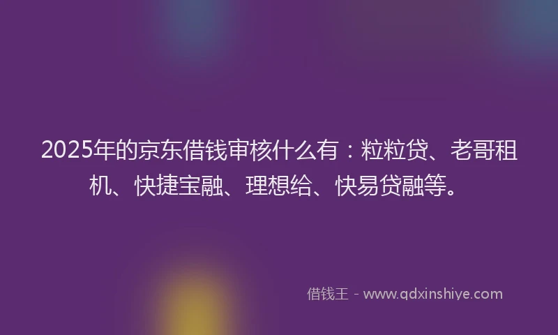 2025年的京东借钱审核什么有：粒粒贷、老哥租机、快捷宝融、理想给、快易贷融等。