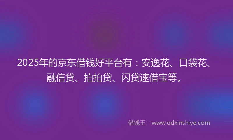 2025年的京东借钱好平台有：安逸花、口袋花、融信贷、拍拍贷、闪贷速借宝等。