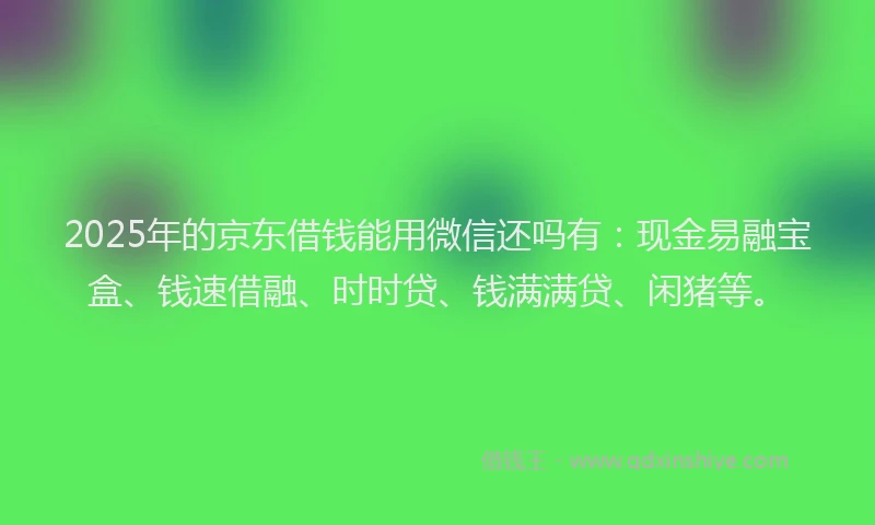 2025年的京东借钱能用微信还吗有：现金易融宝盒、钱速借融、时时贷、钱满满贷、闲猪等。