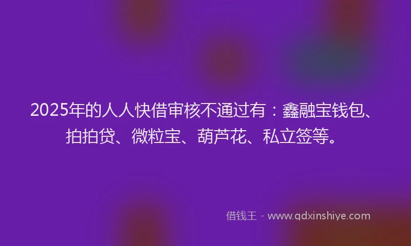 2025年的人人快借审核不通过有：鑫融宝钱包、拍拍贷、微粒宝、葫芦花、私立签等。