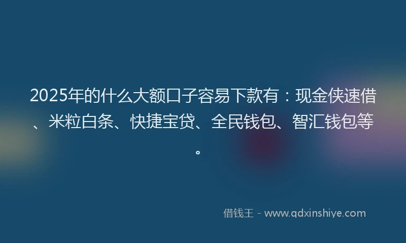 2025年的什么大额口子容易下款有：现金侠速借、米粒白条、快捷宝贷、全民钱包、智汇钱包等。