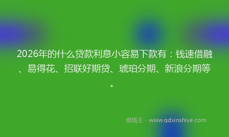 2026年的什么贷款利息小容易下款有：钱速借融、易得花、招联好期贷、琥珀分期、新浪分期等。