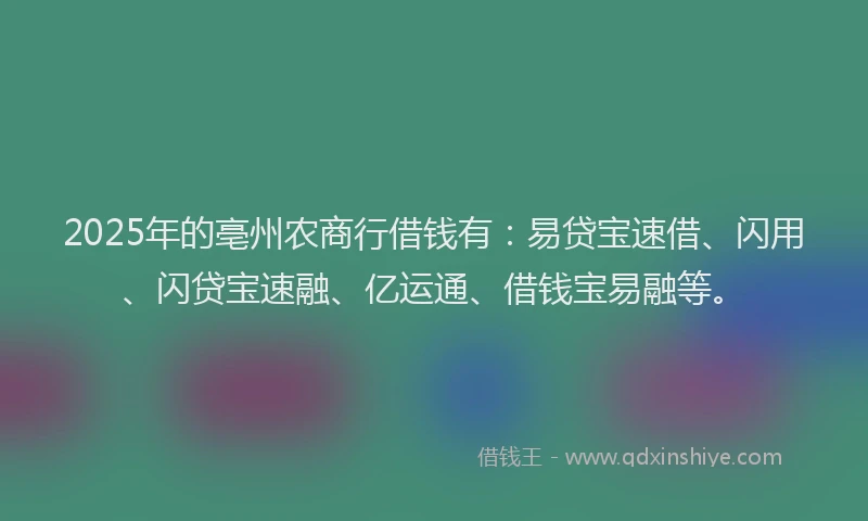 2025年的亳州农商行借钱有：易贷宝速借、闪用、闪贷宝速融、亿运通、借钱宝易融等。