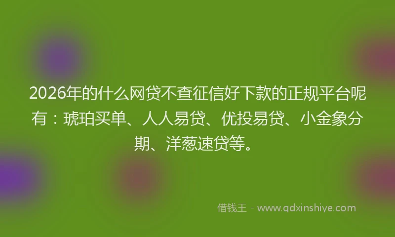 2026年的什么网贷不查征信好下款的正规平台呢有：琥珀买单、人人易贷、优投易贷、小金象分期、洋葱速贷等。