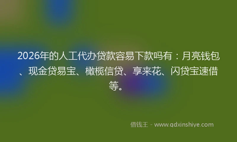 2026年的人工代办贷款容易下款吗有：月亮钱包、现金贷易宝、橄榄信贷、享来花、闪贷宝速借等。