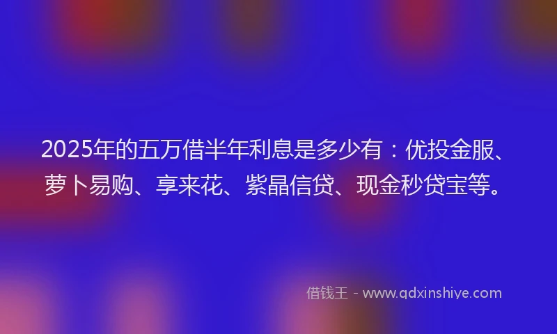 2025年的五万借半年利息是多少有：优投金服、萝卜易购、享来花、紫晶信贷、现金秒贷宝等。