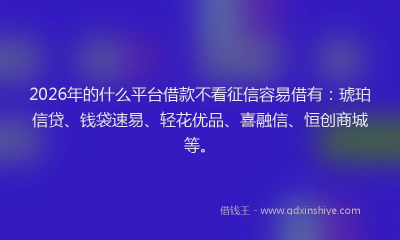 2026年的什么平台借款不看征信容易借有：琥珀信贷、钱袋速易、轻花优品、喜融信、恒创商城等。