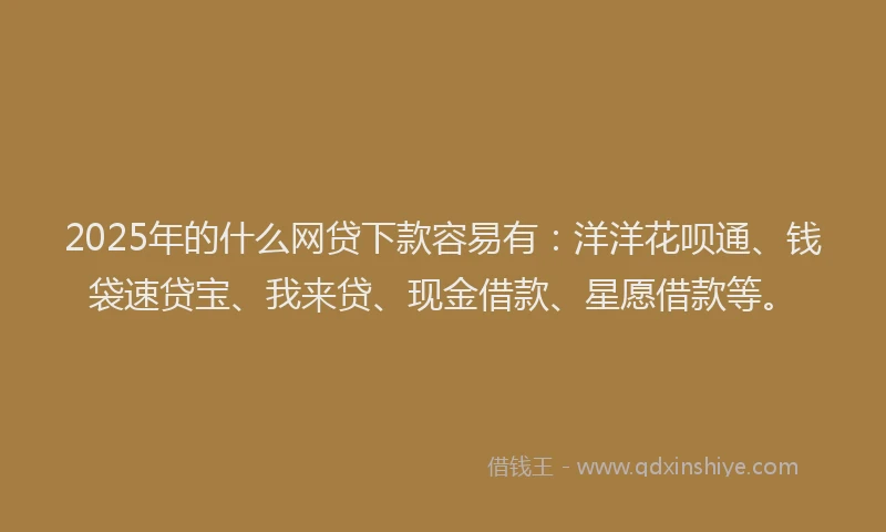 2025年的什么网贷下款容易有：洋洋花呗通、钱袋速贷宝、我来贷、现金借款、星愿借款等。