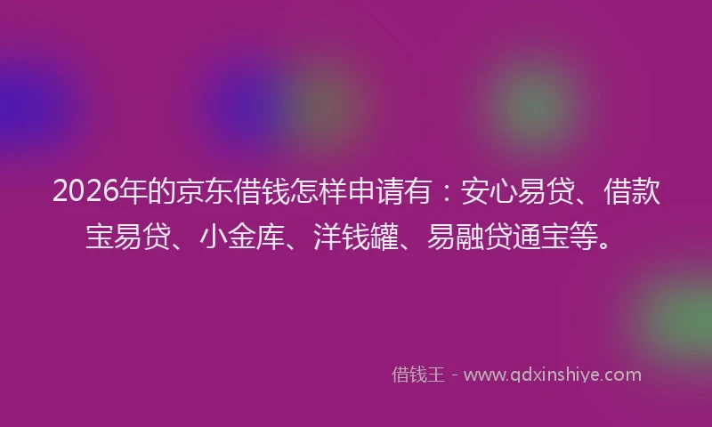2026年的京东借钱怎样申请有：安心易贷、借款宝易贷、小金库、洋钱罐、易融贷通宝等。
