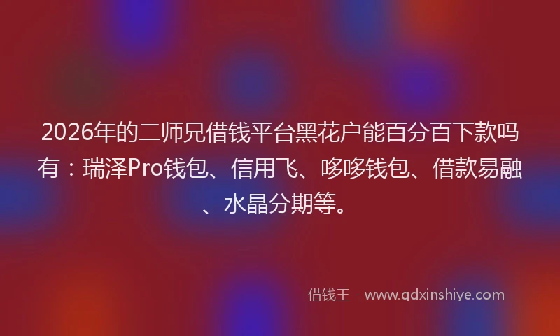2026年的二师兄借钱平台黑花户能百分百下款吗有：瑞泽Pro钱包、信用飞、哆哆钱包、借款易融、水晶分期等。