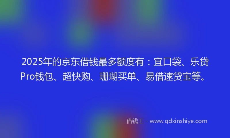 2025年的京东借钱最多额度有：宜口袋、乐贷Pro钱包、超快购、珊瑚买单、易借速贷宝等。