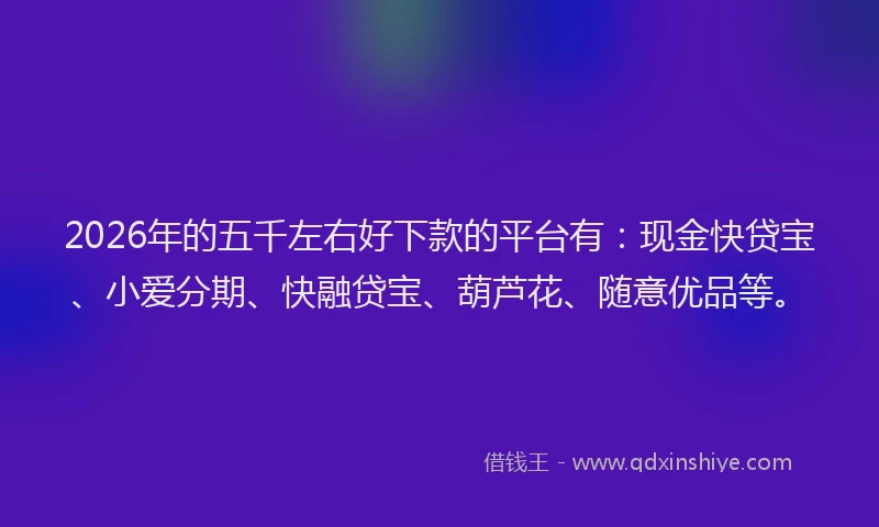 2026年的五千左右好下款的平台有：现金快贷宝、小爱分期、快融贷宝、葫芦花、随意优品等。