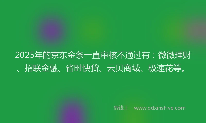 2025年的京东金条一直审核不通过有：微微理财、招联金融、省时快贷、云贝商城、极速花等。