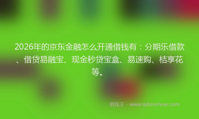 2026年的京东金融怎么开通借钱有:分期乐借款、借贷易融宝、现金秒贷宝盒、易速购、桔享花等。