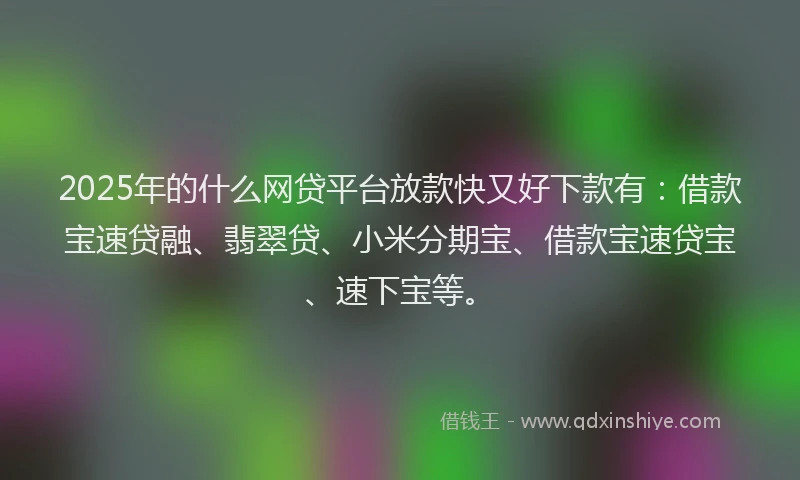 2025年的什么网贷平台放款快又好下款有:借款宝速贷融、翡翠贷、小米分期宝、借款宝速贷宝、速下宝等。