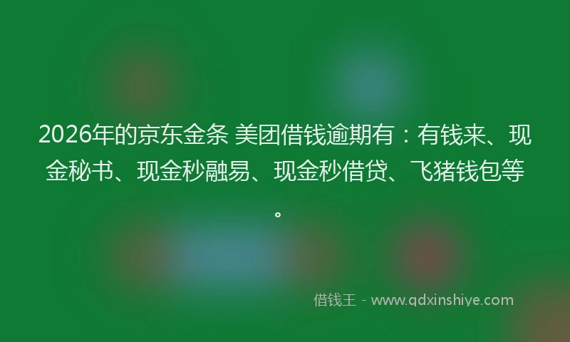 2026年的京东金条 美团借钱逾期有：有钱来、现金秘书、现金秒融易、现金秒借贷、飞猪钱包等。