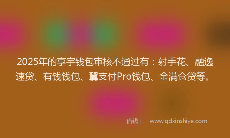 2025年的享宇钱包审核不通过有:射手花、融逸速贷、有钱钱包、翼支付Pro钱包、金满仓贷等。