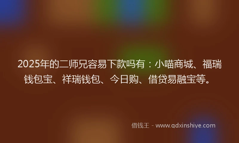 2025年的二师兄容易下款吗有：小喵商城、福瑞钱包宝、祥瑞钱包、今日购、借贷易融宝等。