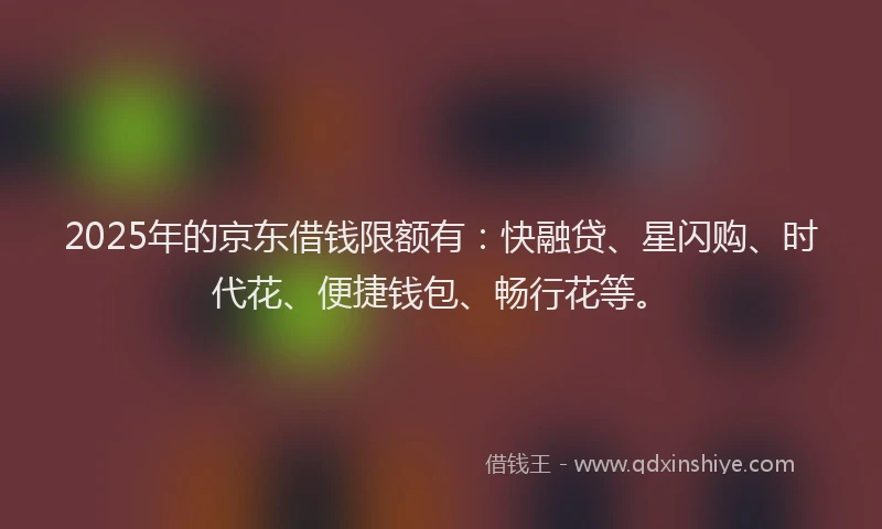 2025年的京东借钱限额有：快融贷、星闪购、时代花、便捷钱包、畅行花等。