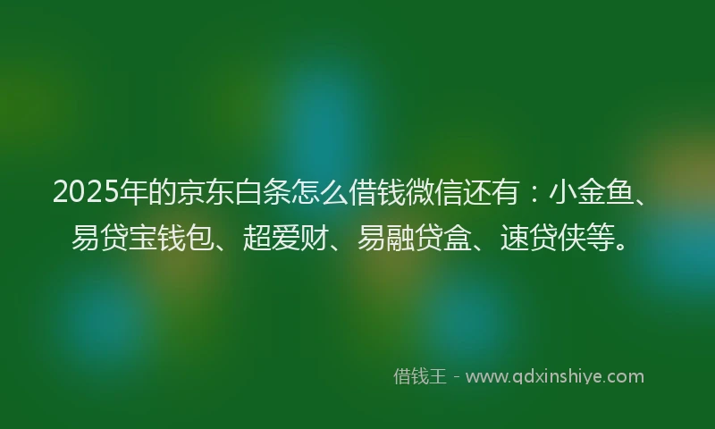 2025年的京东白条怎么借钱微信还有:小金鱼、易贷宝钱包、超爱财、易融贷盒、速贷侠等。