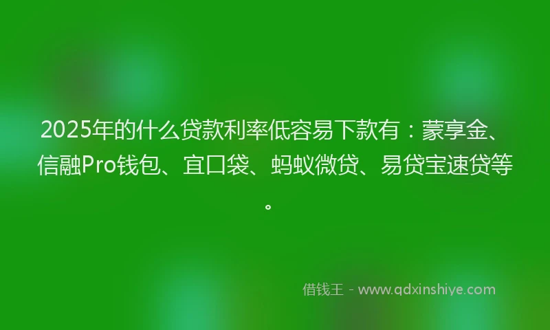 2025年的什么贷款利率低容易下款有：蒙享金、信融Pro钱包、宜口袋、蚂蚁微贷、易贷宝速贷等。