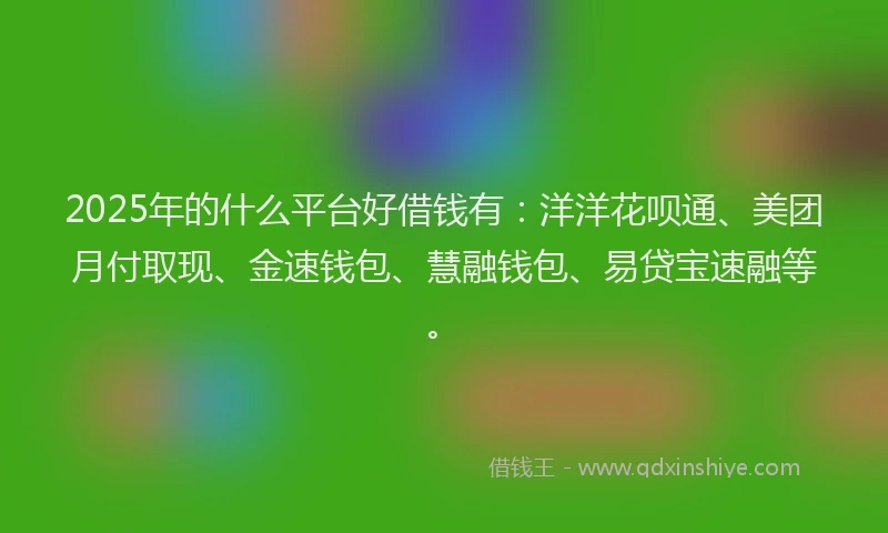 2025年的什么平台好借钱有：洋洋花呗通、美团月付取现、金速钱包、慧融钱包、易贷宝速融等。