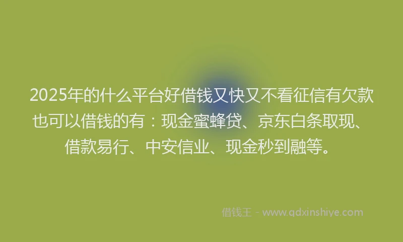 2025年的什么平台好借钱又快又不看征信有欠款也可以借钱的有：现金蜜蜂贷、京东白条取现、借款易行、中安信业、现金秒到融等。
