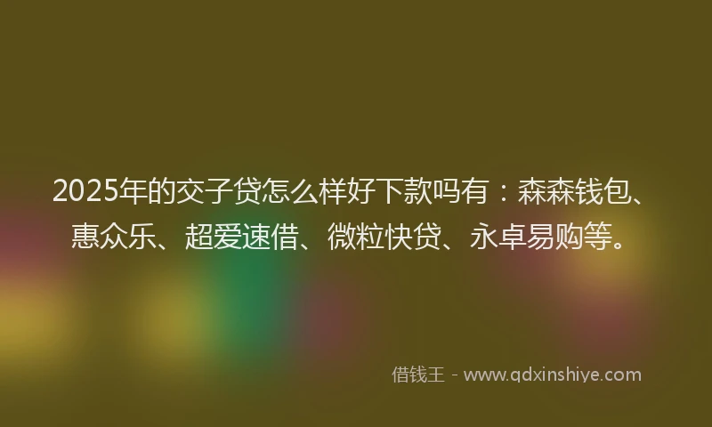 2025年的交子贷怎么样好下款吗有:森森钱包、惠众乐、超爱速借、微粒快贷、永卓易购等。
