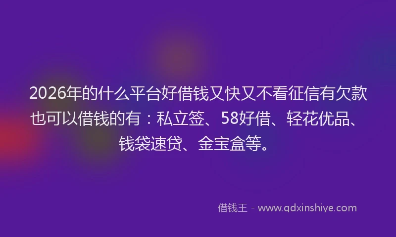 2026年的什么平台好借钱又快又不看征信有欠款也可以借钱的有:私立签、58好借、轻花优品、钱袋速贷、金宝盒等。