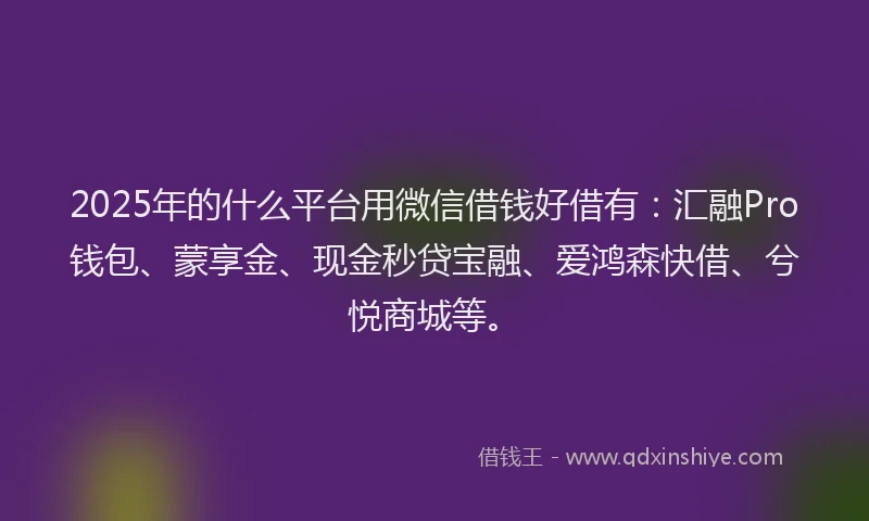 2025年的什么平台用微信借钱好借有:汇融Pro钱包、蒙享金、现金秒贷宝融、爱鸿森快借、兮悦商城等。