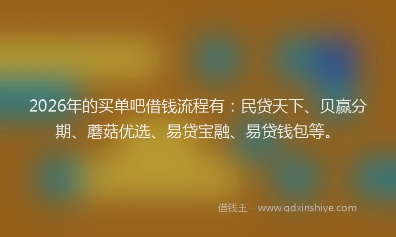 2026年的买单吧借钱流程有：民贷天下、贝赢分期、蘑菇优选、易贷宝融、易贷钱包等。