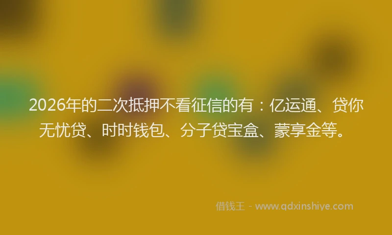 2026年的二次抵押不看征信的有：亿运通、贷你无忧贷、时时钱包、分子贷宝盒、蒙享金等。