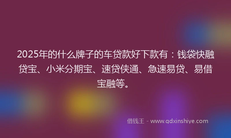 2025年的什么牌子的车贷款好下款有:钱袋快融贷宝、小米分期宝、速贷侠通、急速易贷、易借宝融等。