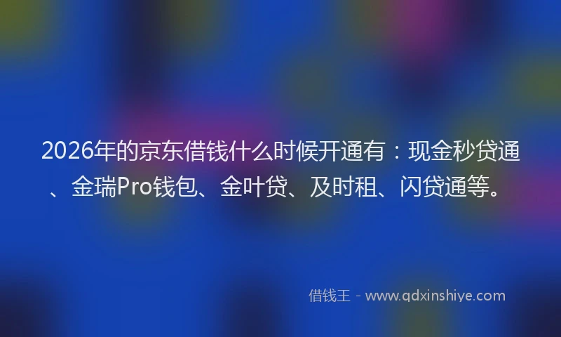 2026年的京东借钱什么时候开通有:现金秒贷通、金瑞Pro钱包、金叶贷、及时租、闪贷通等。