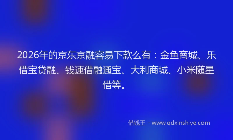 2026年的京东京融容易下款么有：金鱼商城、乐借宝贷融、钱速借融通宝、大利商城、小米随星借等。