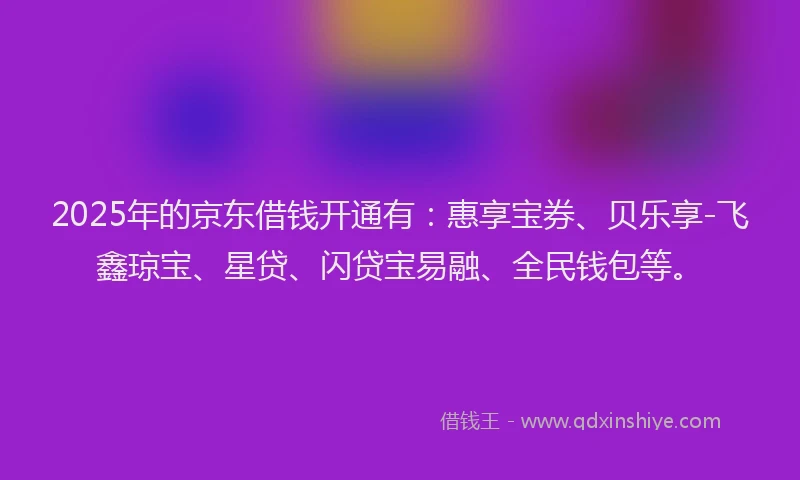 2025年的京东借钱开通有:惠享宝券、贝乐享-飞鑫琼宝、星贷、闪贷宝易融、全民钱包等。